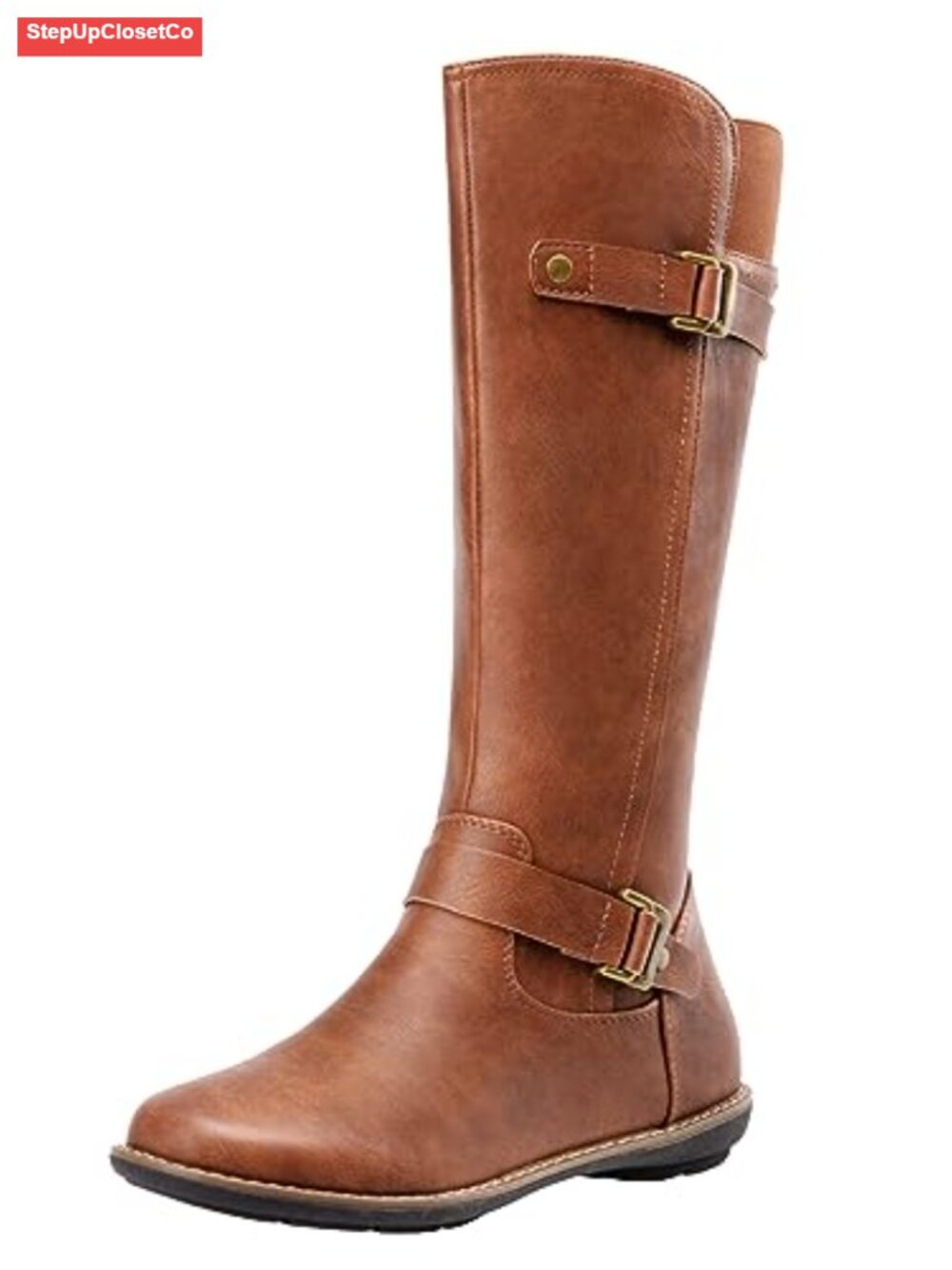 Faux Leather Knee High Riding Boots with Side Zipper Flat